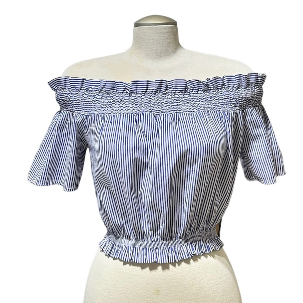 Chocolate Women’s Off The Shoulder Blue White Stripes Bohemian Crop Top Sz Small